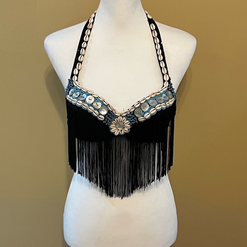 Black Fringe Bra Top with Shell Accents